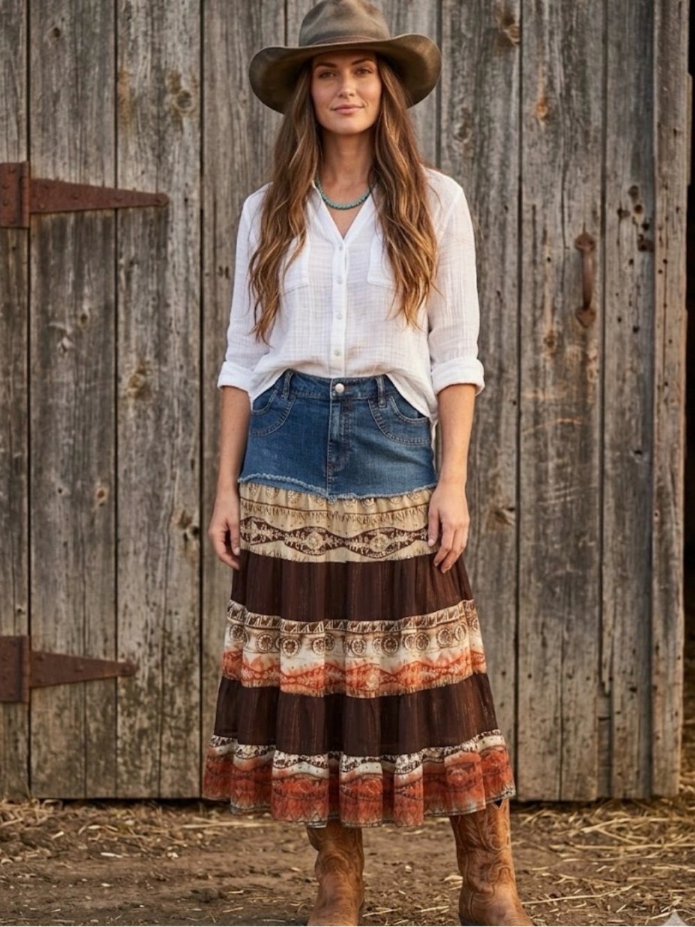 Donna Moore Denim Western Prairie Maxi Skirt - Size 7/8
